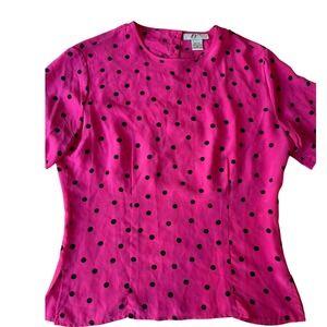 FY2 Womens Pink Black Polka Dot Short Sleeve 100% Silk Blouse Top Size M